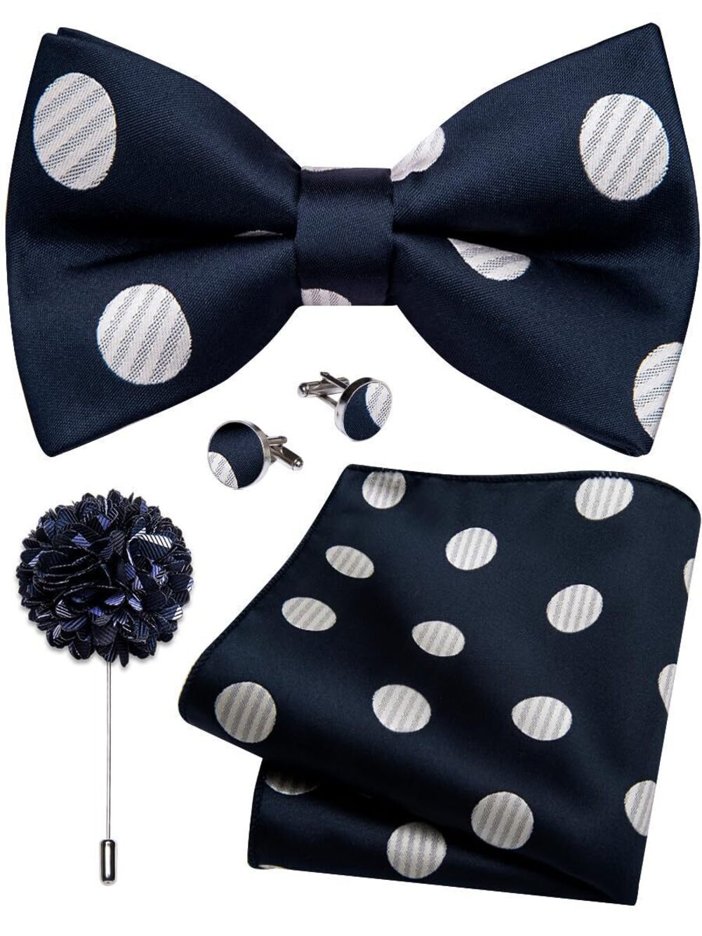 7548 Blue White Bow Tie Polka Dot Pre-tied Tuxedo Bowtie Pocket Square